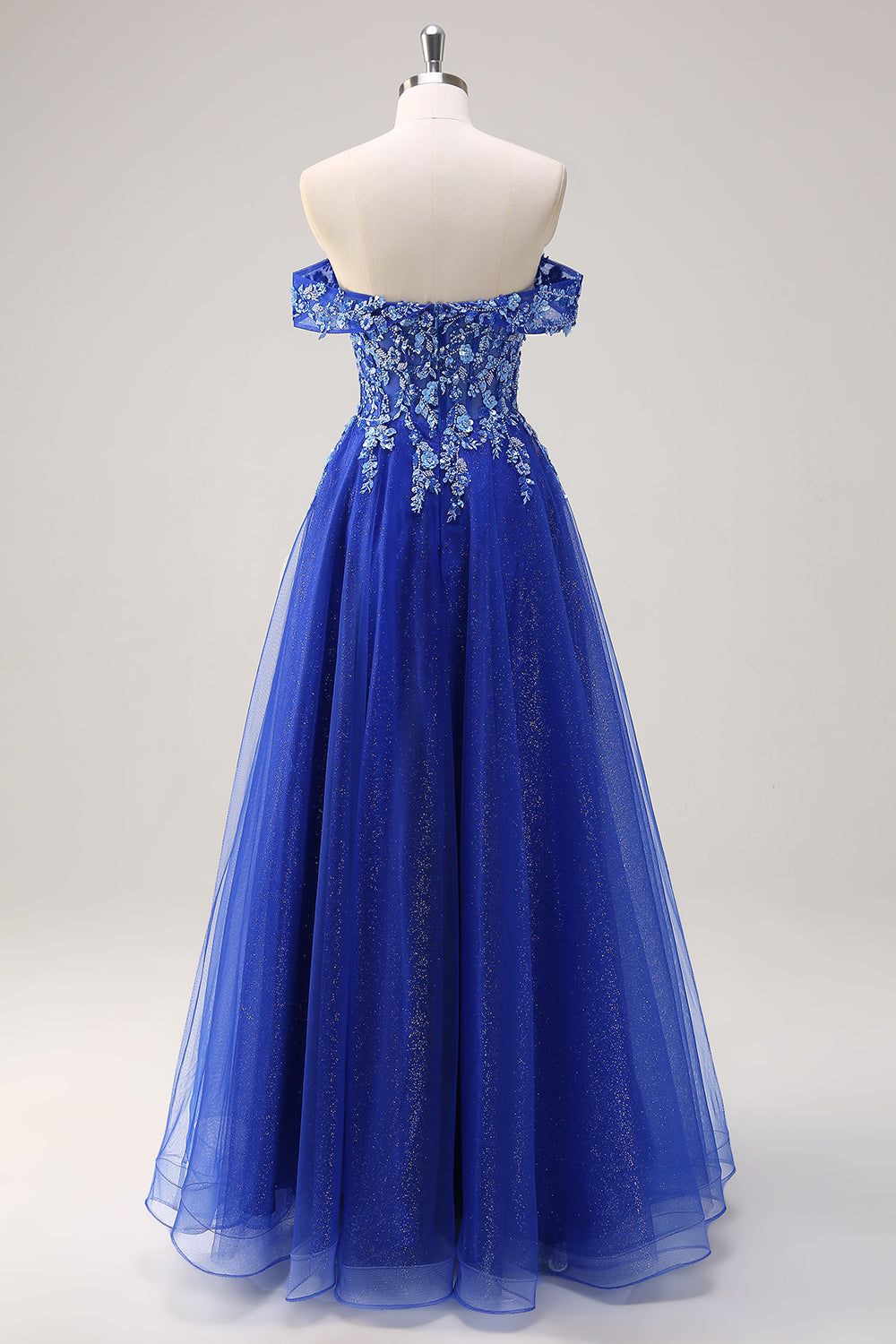 Sparkly Royal Blue A-Line Off The Shoulder Sequin Long Prom Dress with Appliques