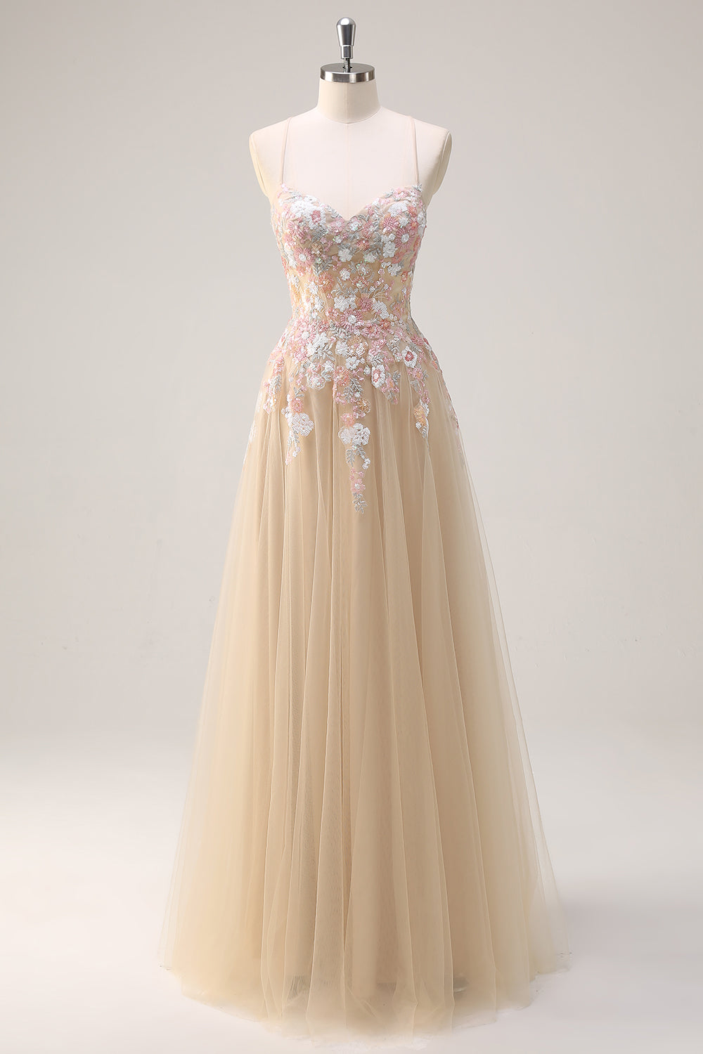 Sparkly Champagne A-Line Spaghetti Straps Lace Up Back Floral Prom Dress