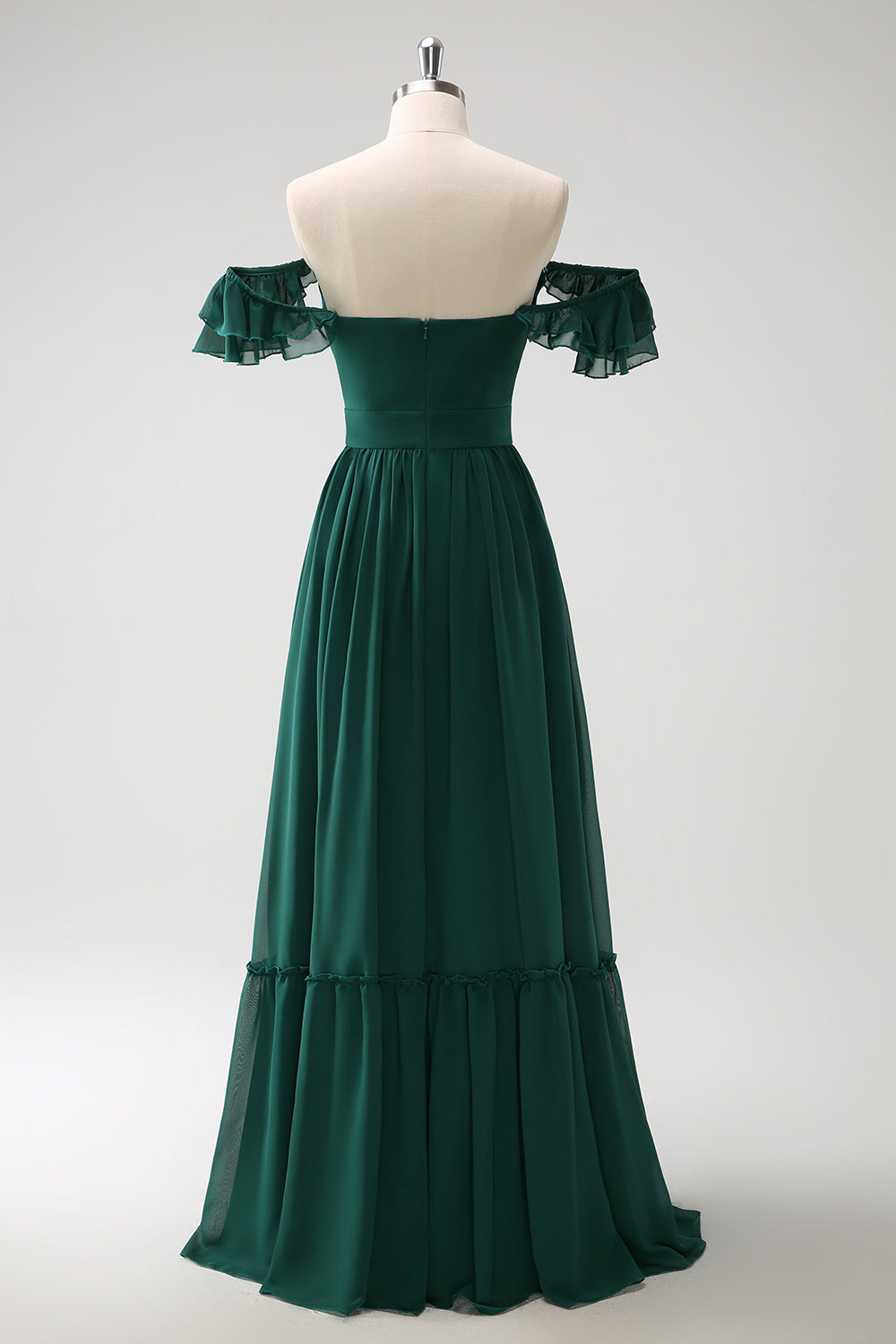 Dark Green A Line Off The Shoulder Chiffon Ruched Floor Length Bridesmaid Dress