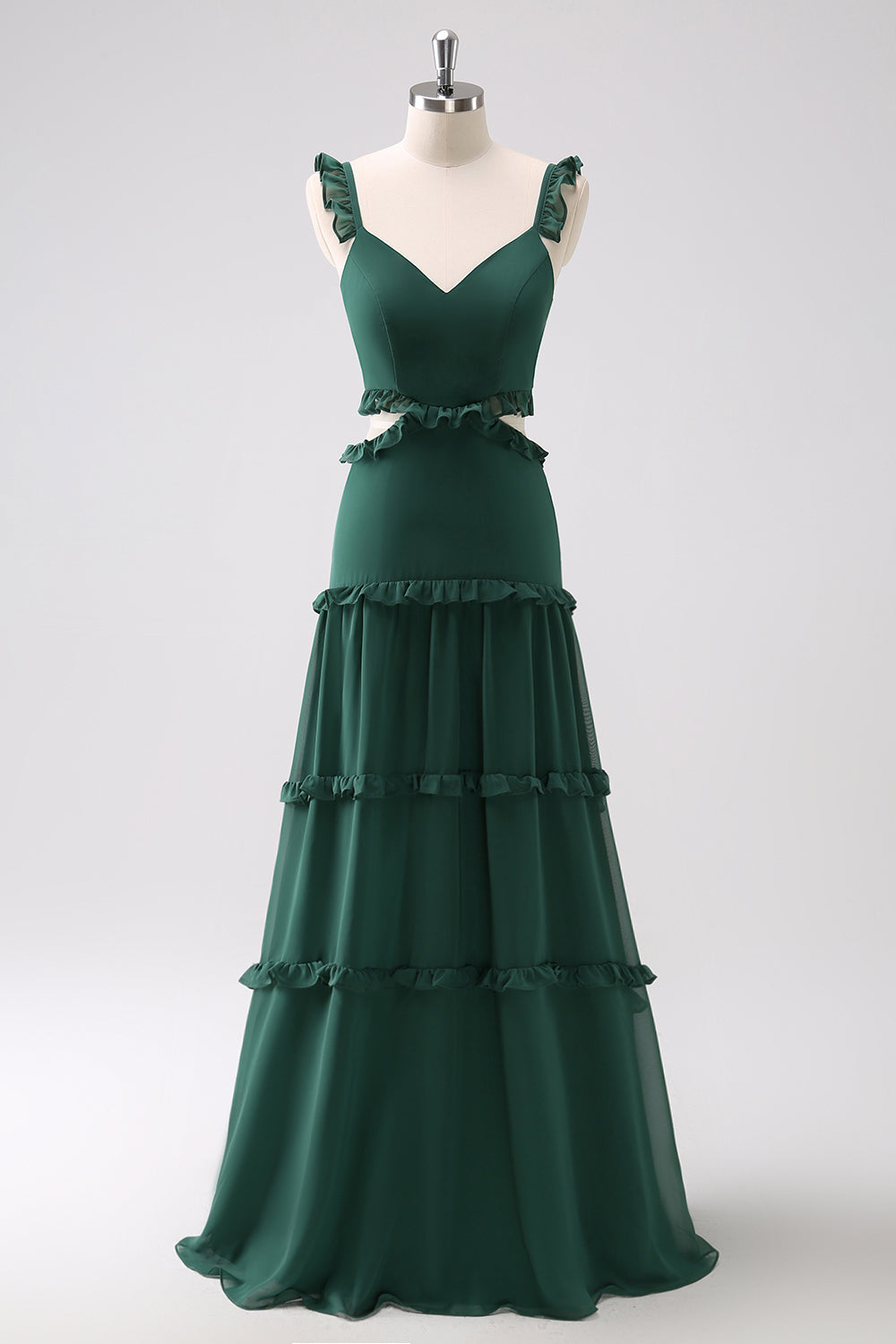 Dark Green A Line Hollow Out Chiffon Ruffle Floor Length Bridesmaid Dress