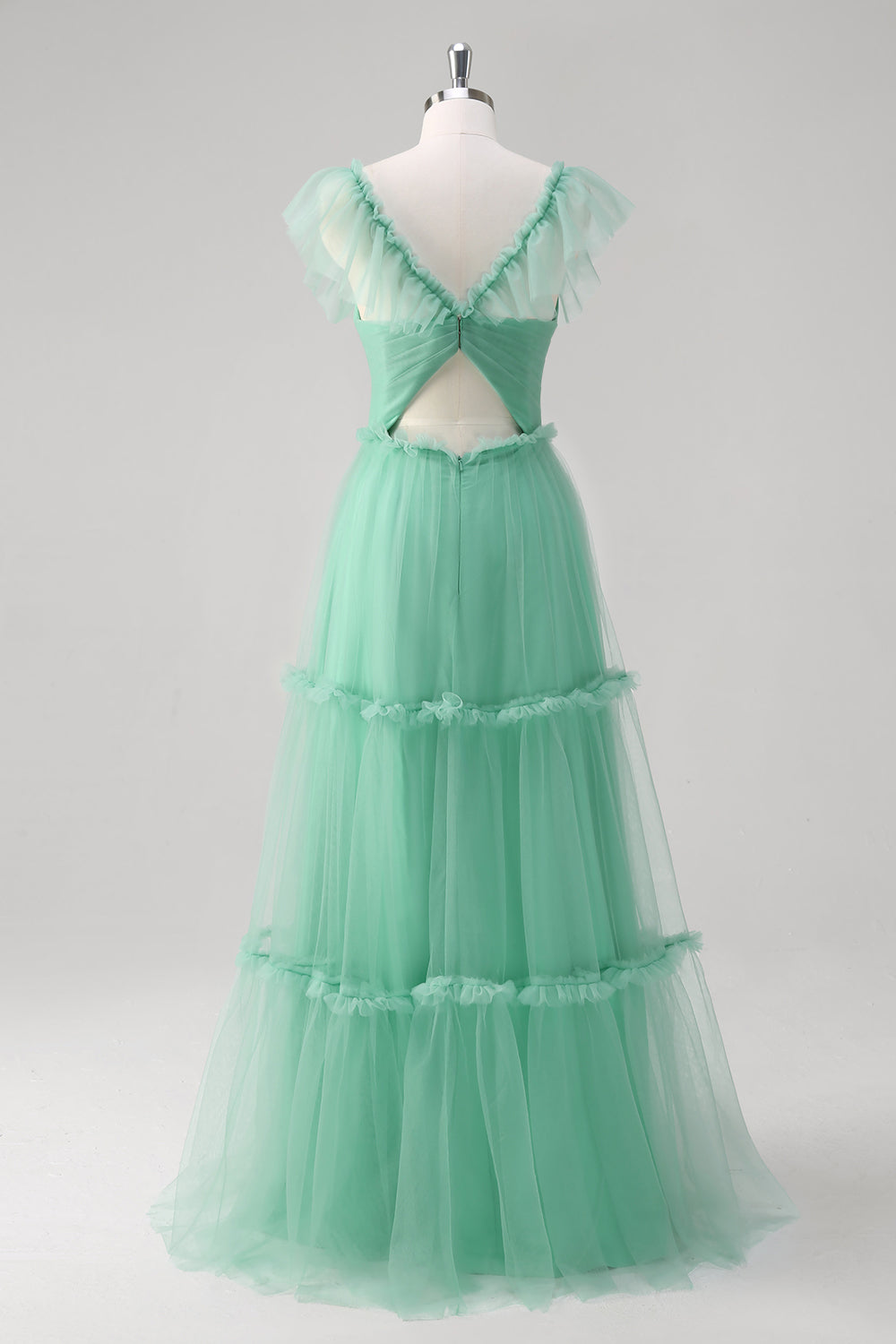 Green A-Line V-Neck Tiered Tulle Long Bridesmaid Dress