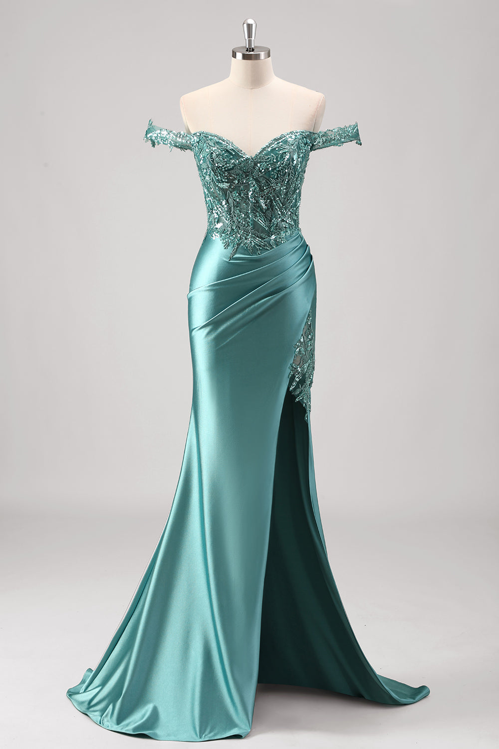 Sparkly Grey Green Mermaid Off The Shoulder Sequins Long Prom Dress with Slit