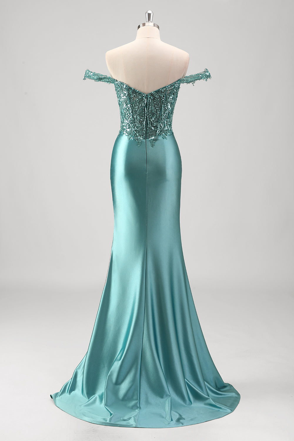 Sparkly Grey Green Mermaid Off The Shoulder Sequins Long Prom Dress with Slit