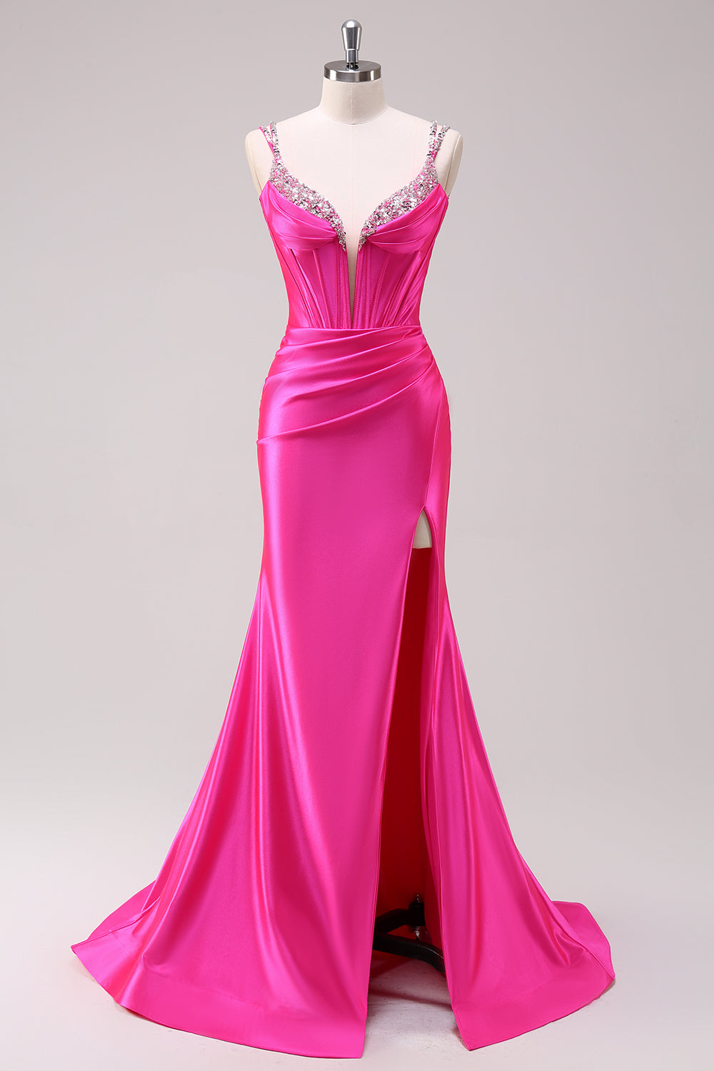 Glitter Fuchsia Mermaid Spaghetti Straps Pleated Corset Long Prom Dress With Slit