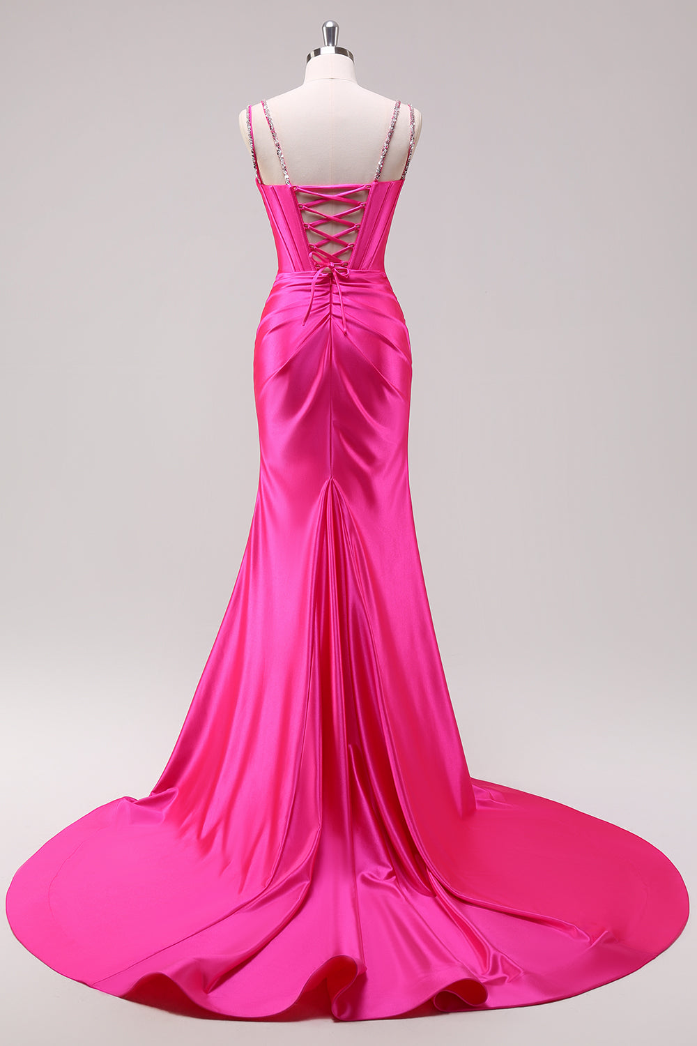 Glitter Fuchsia Mermaid Spaghetti Straps Pleated Corset Long Prom Dress With Slit