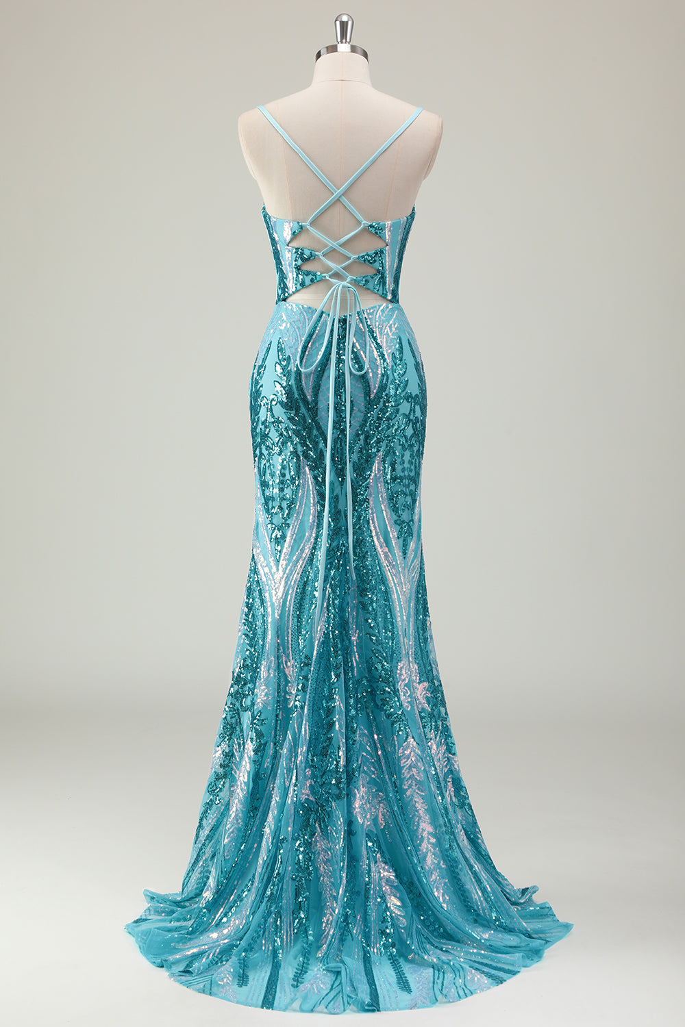 Sparkly Blue Mermaid Spaghetti Straps Corset Sequins Long Prom Dress With Slit