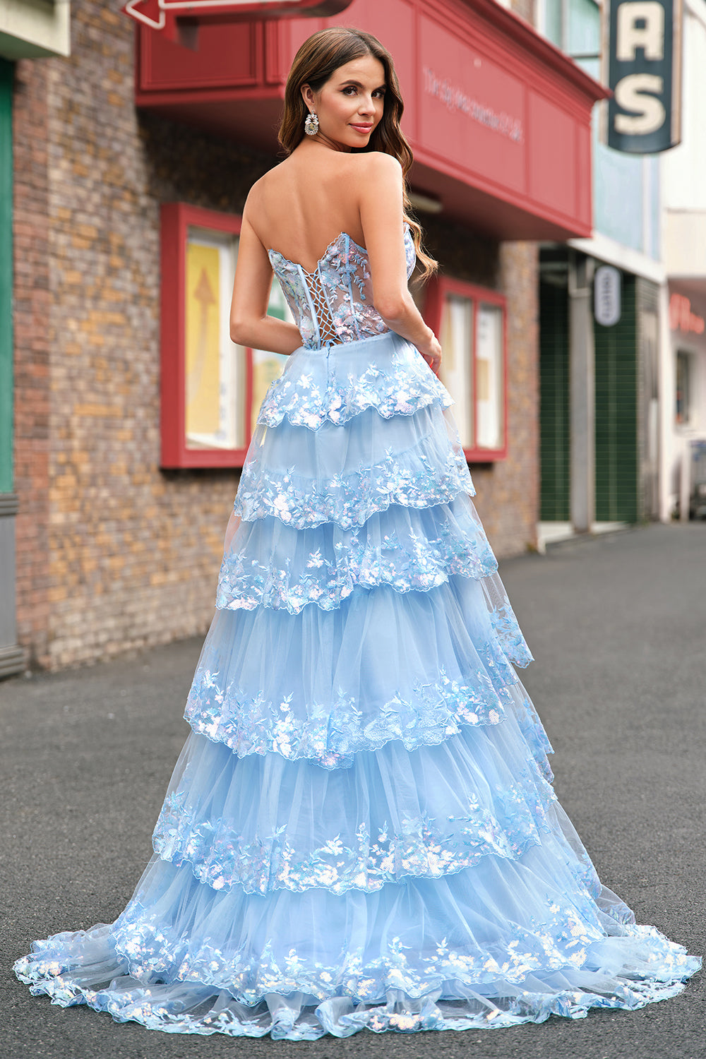 Blue A Line Strapless Sparkly Sequin Corset Tiered Long Prom Dress with Slit