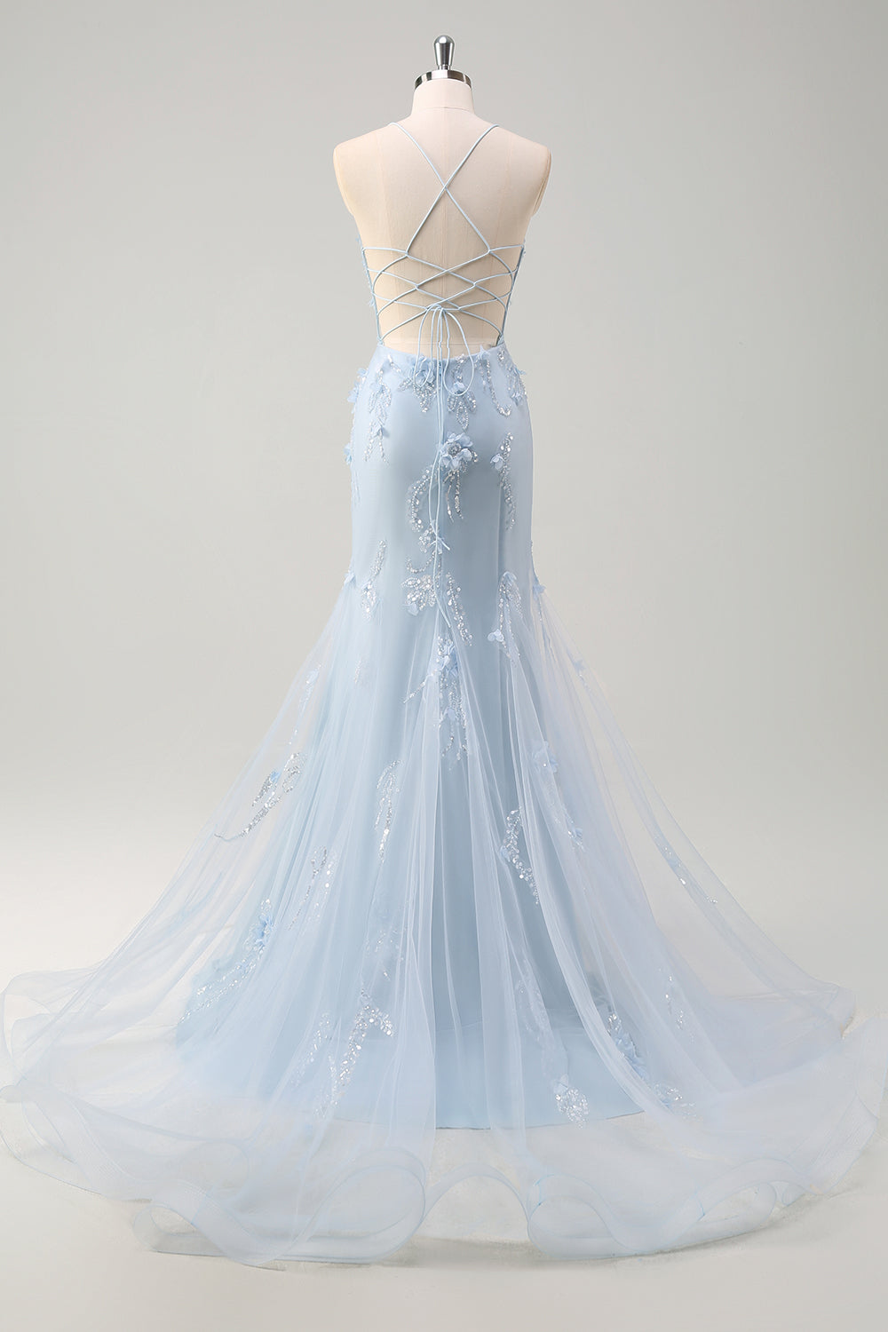 Blue Mermaid Spaghetti Straps Corset Long Prom Dress With Appliques