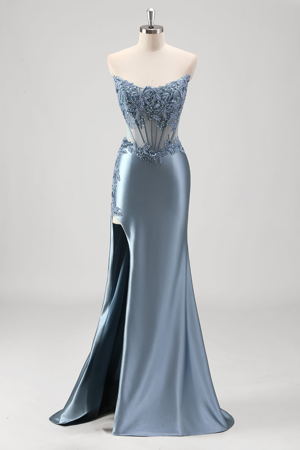 Sparkly Grey Blue Mermaid Strapless Corset Beaded Long Prom Dress with Slit