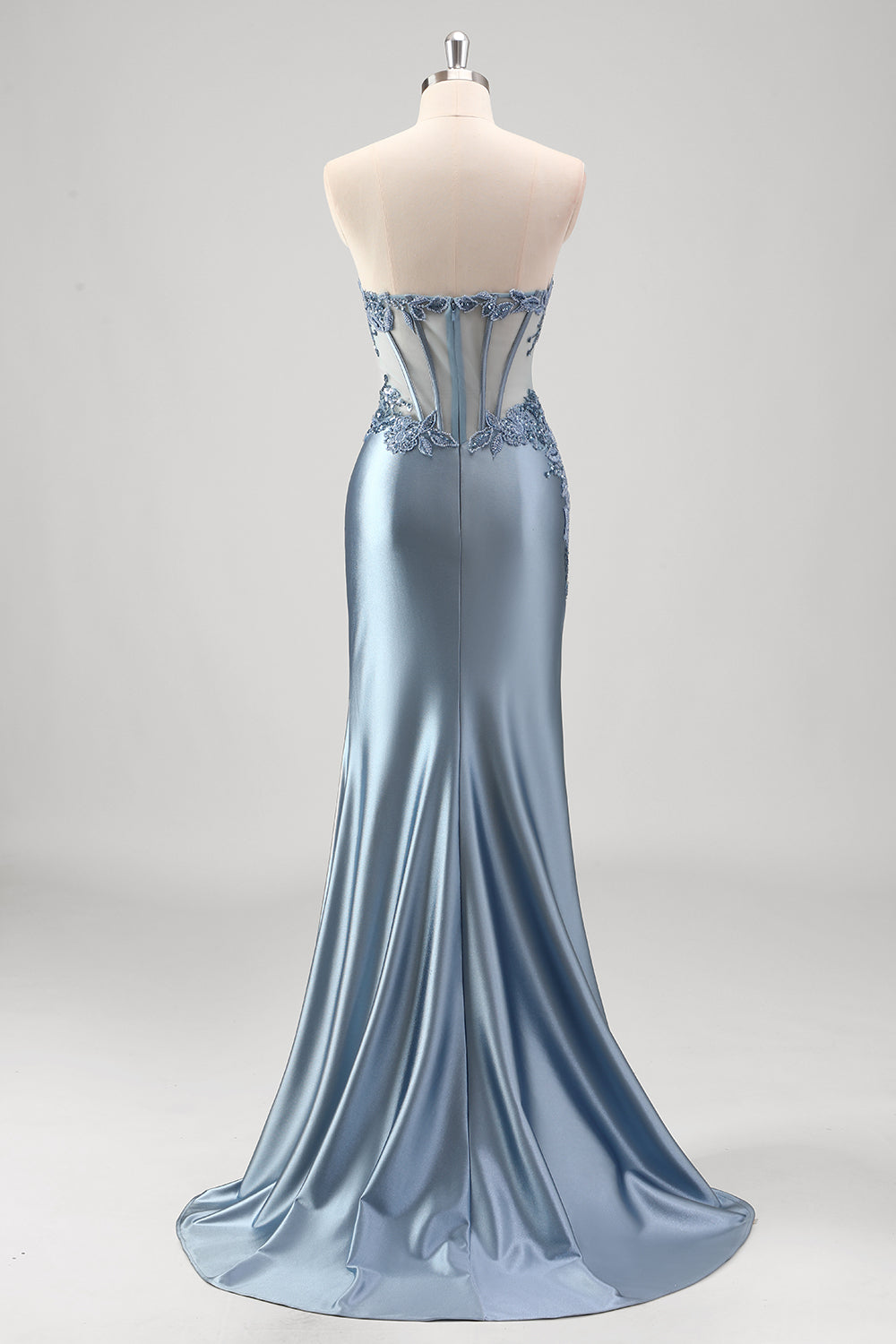 Sparkly Grey Blue Mermaid Strapless Corset Beaded Long Prom Dress with Slit