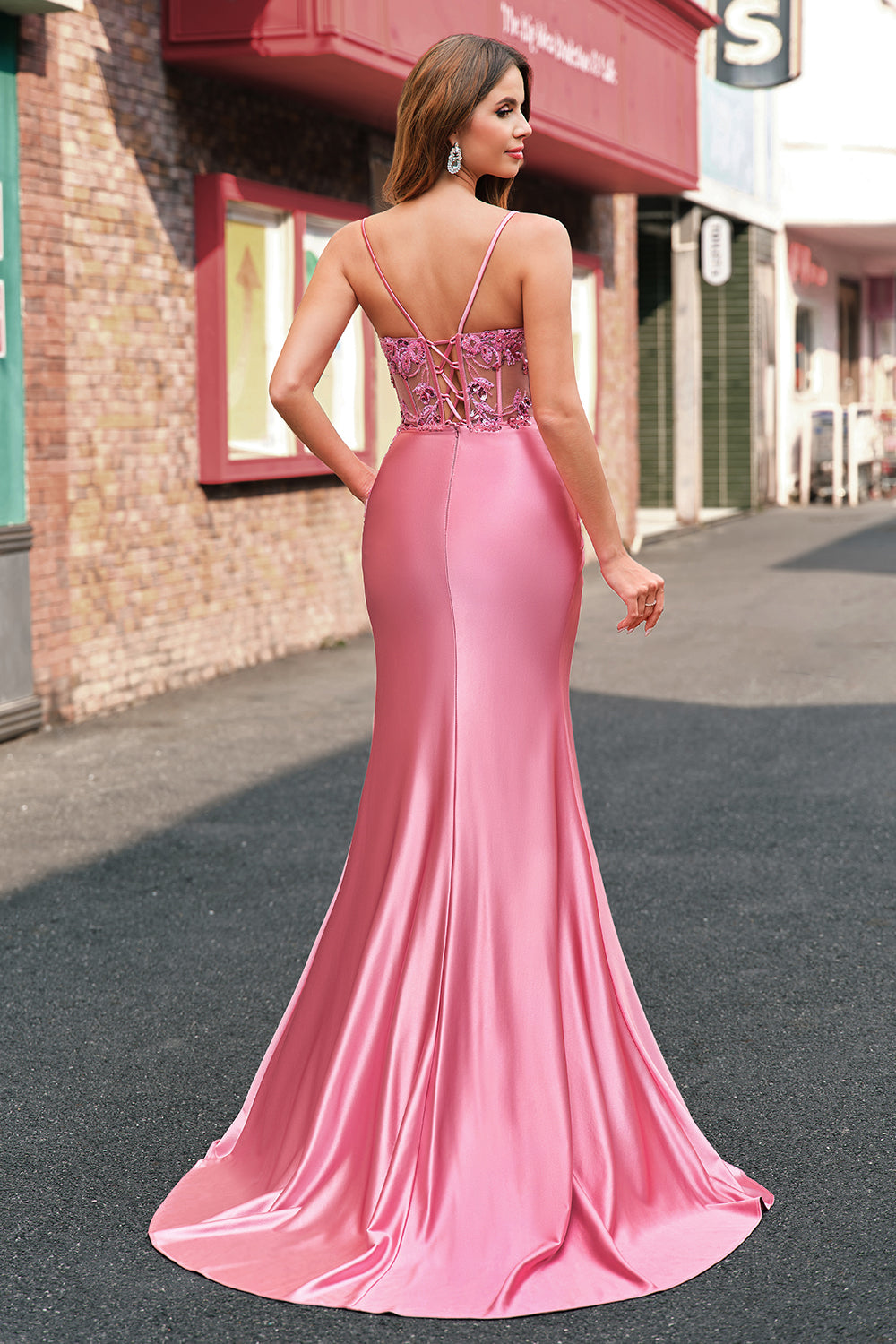 Sparkly Coral Mermaid Spaghetti Straps Satin Sequin Corset Long Prom Dress with Slit