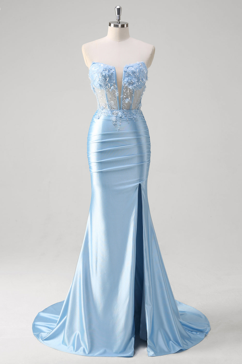 Blue Mermaid Strapless Corset Cut Out Long Floral Prom Dress With Slit