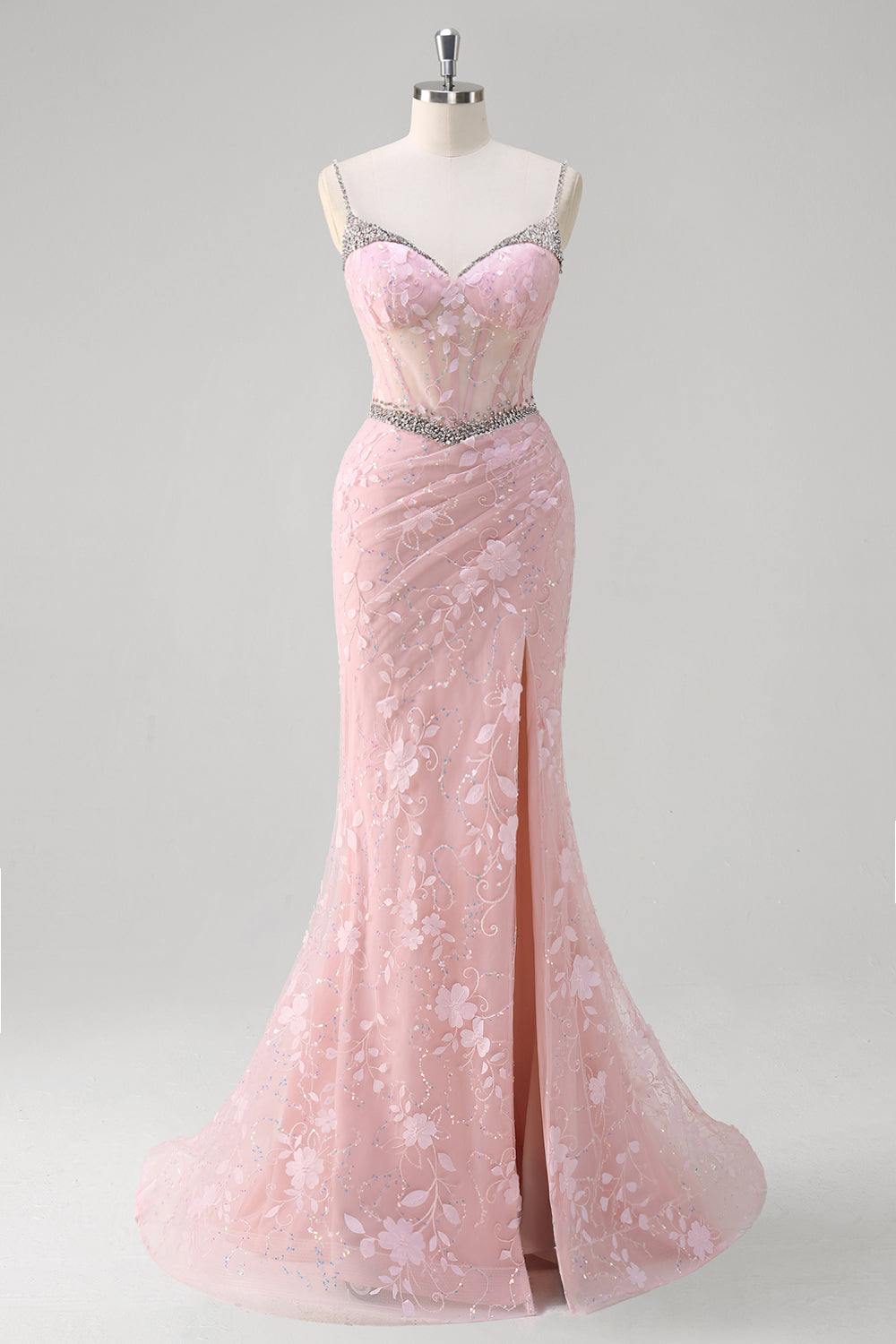 Sparkly Pink Mermaid Ruched Sequin Floral Corset Long Prom Dress with Slit