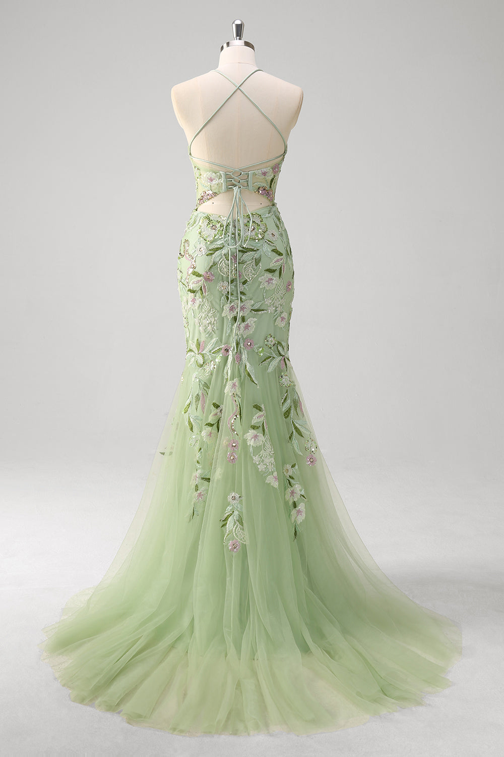 Sparkly Green Mermaid Halter Corset Sequin Embroidered Long Prom Dress With Slit