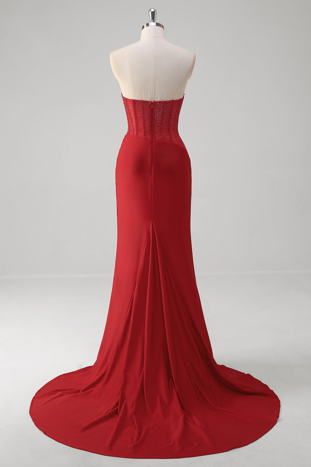 Sparkly Red Mermaid Strapless Corset Beaded Ruched Long Prom Dress With Slit