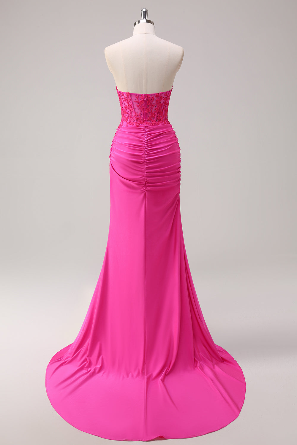 Glitter Fuchsia Mermaid Strapless Ruched Corset Long Prom Dress With Slit