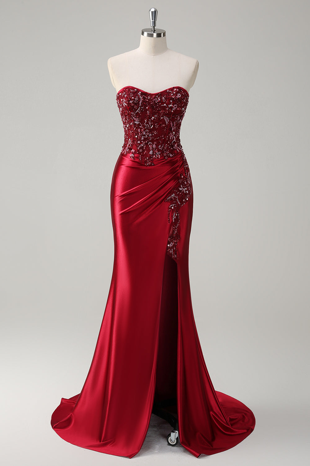 Sparkly Burgundy Mermaid Strapless Sequin Beaded Long Prom Dress with Slit