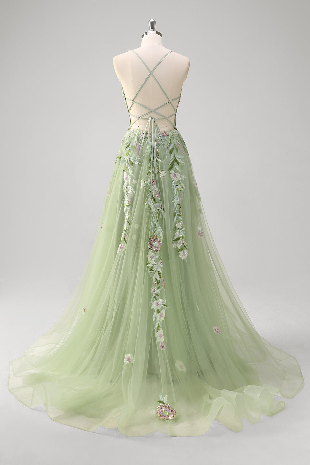 Sparkly Green A-Line Spaghetti Straps Corset Sequin Long Prom Dress With Slit