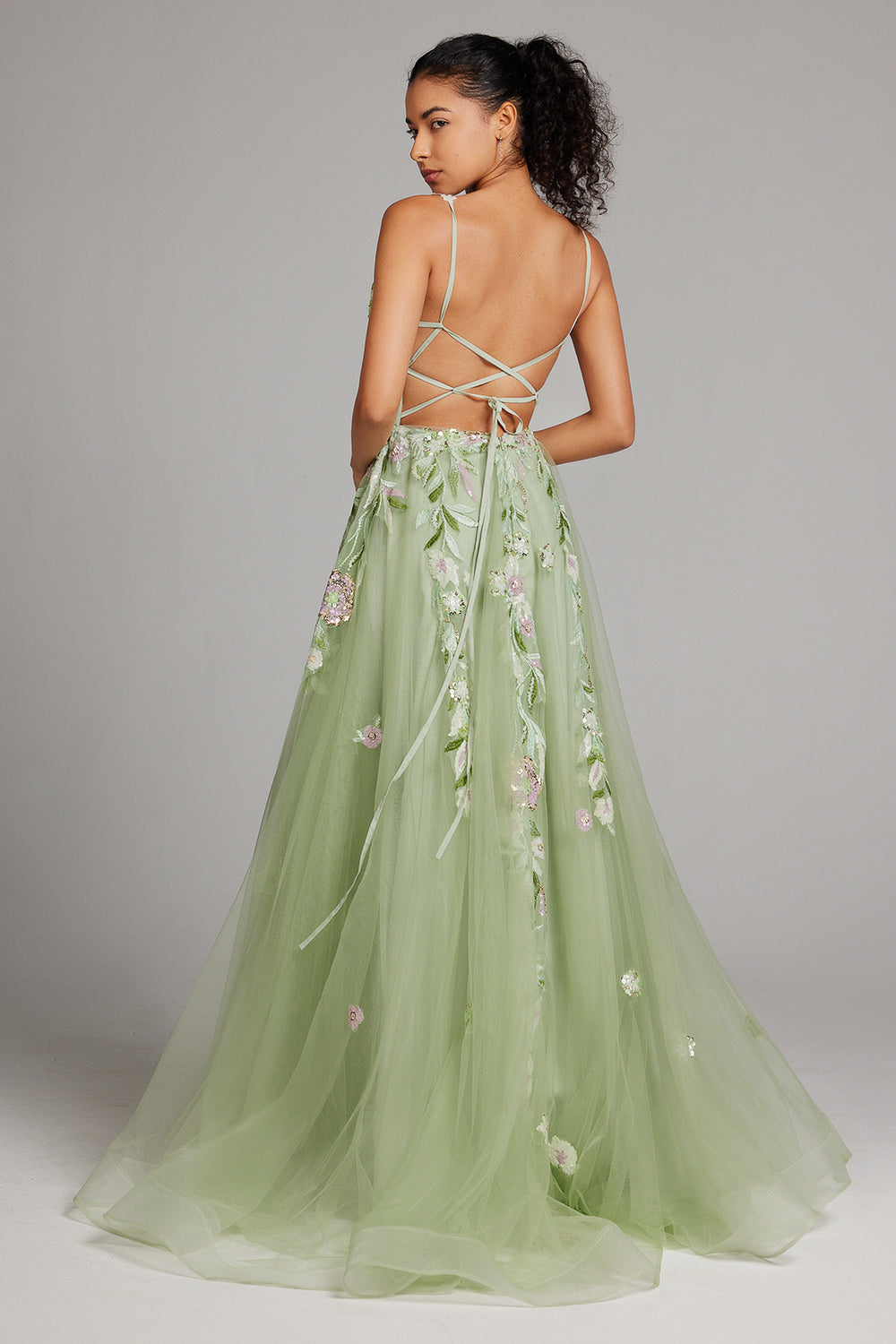 Sparkly Green A-Line Spaghetti Straps Corset Sequin Backless Long Prom Dress with Slit