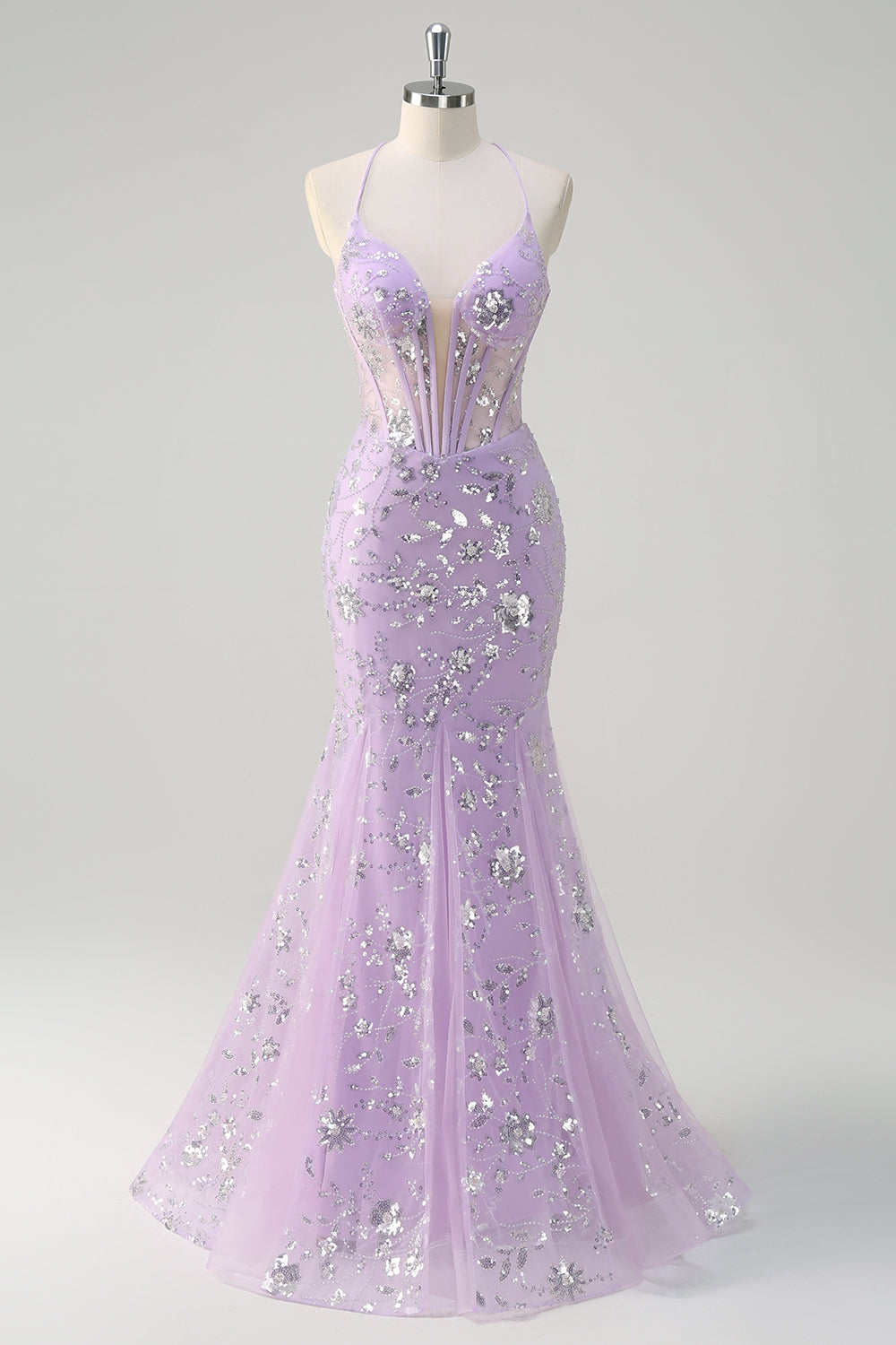 Sparkly Lilac Mermaid Spaghetti Straps Corset Sequin Long Prom Dress With Lace Up Back