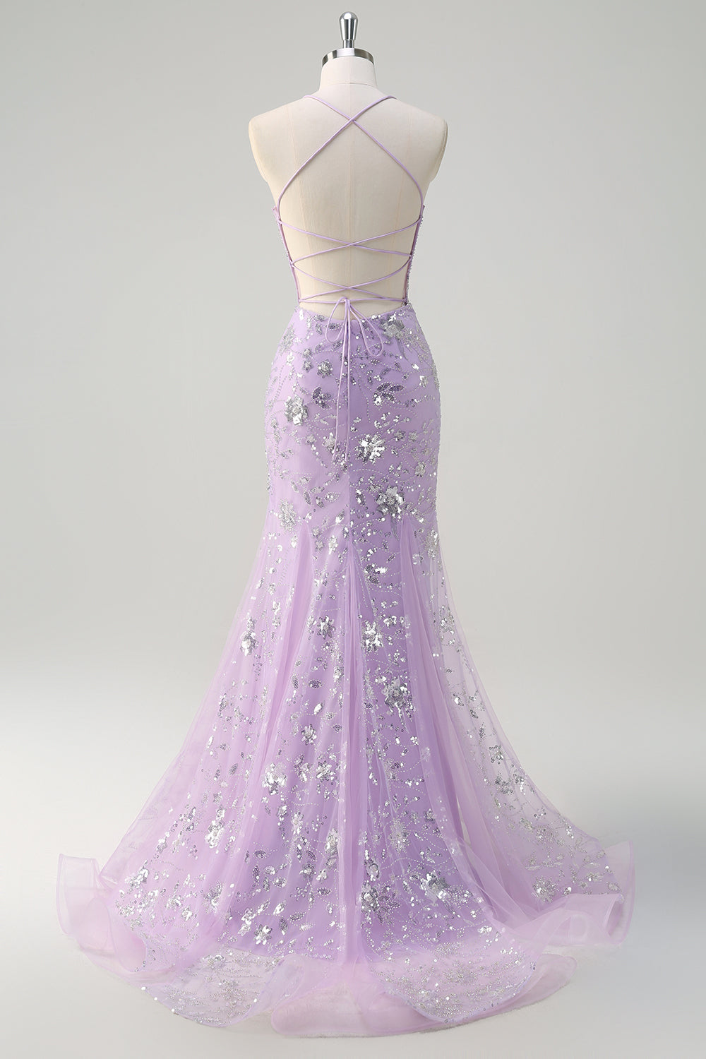 Sparkly Lilac Mermaid Spaghetti Straps Corset Sequin Long Prom Dress With Lace Up Back