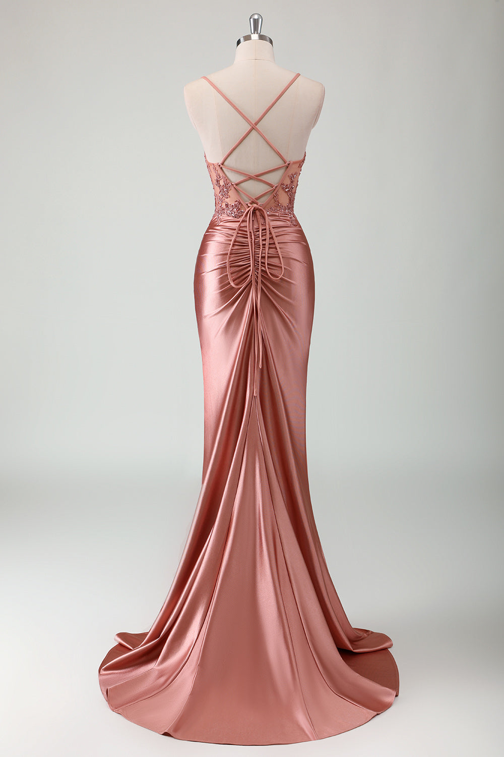 Stylish Dusty Rose Mermaid Spaghetti Straps Pleated Appliqued Prom Dress with Slit