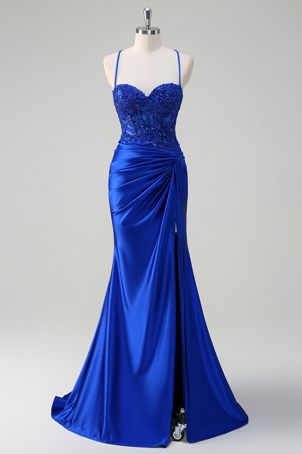 Stylish Royal Blue Mermaid Spaghetti Straps Pleated Appliqued Prom Dress with Slit