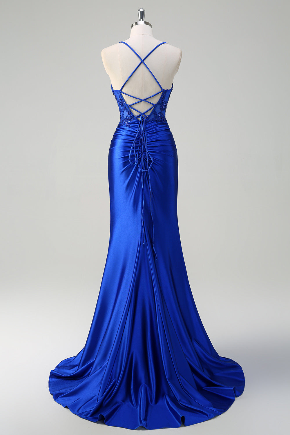 Stylish Royal Blue Mermaid Spaghetti Straps Pleated Appliqued Prom Dress with Slit