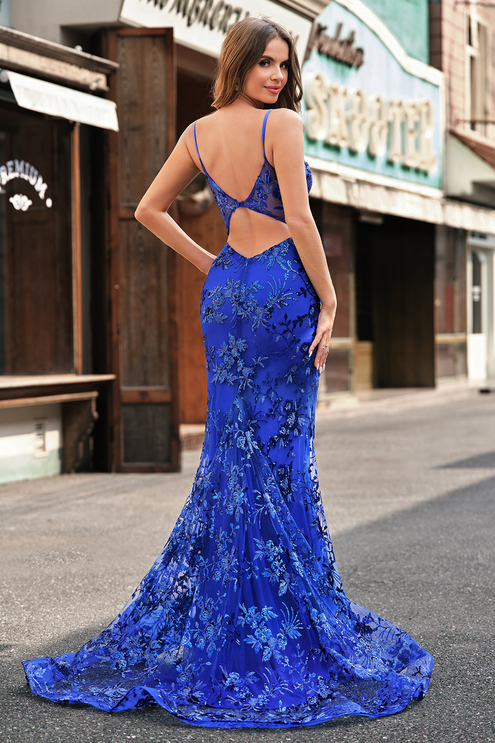 Sparkly Royal Blue Mermaid Spaghetti Straps Corset Sequin Long Prom Dress with Embroidery