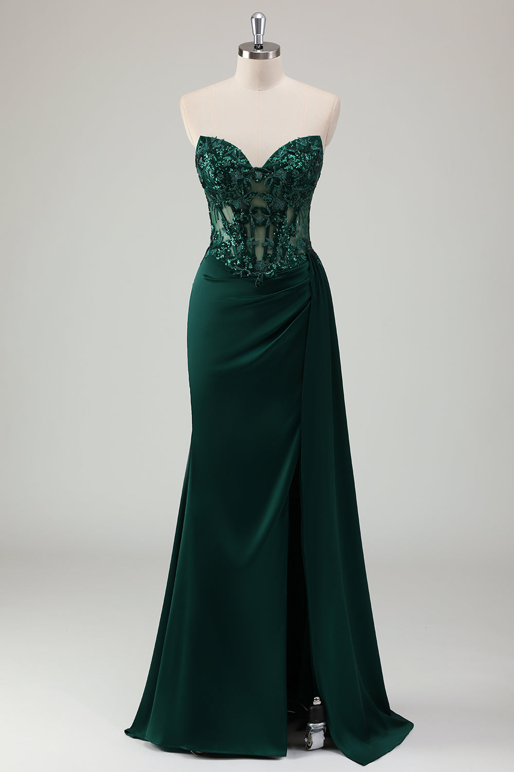 Glitter Dark Green Mermaid Strapless Pleated Corset Long Prom Dress with Slit