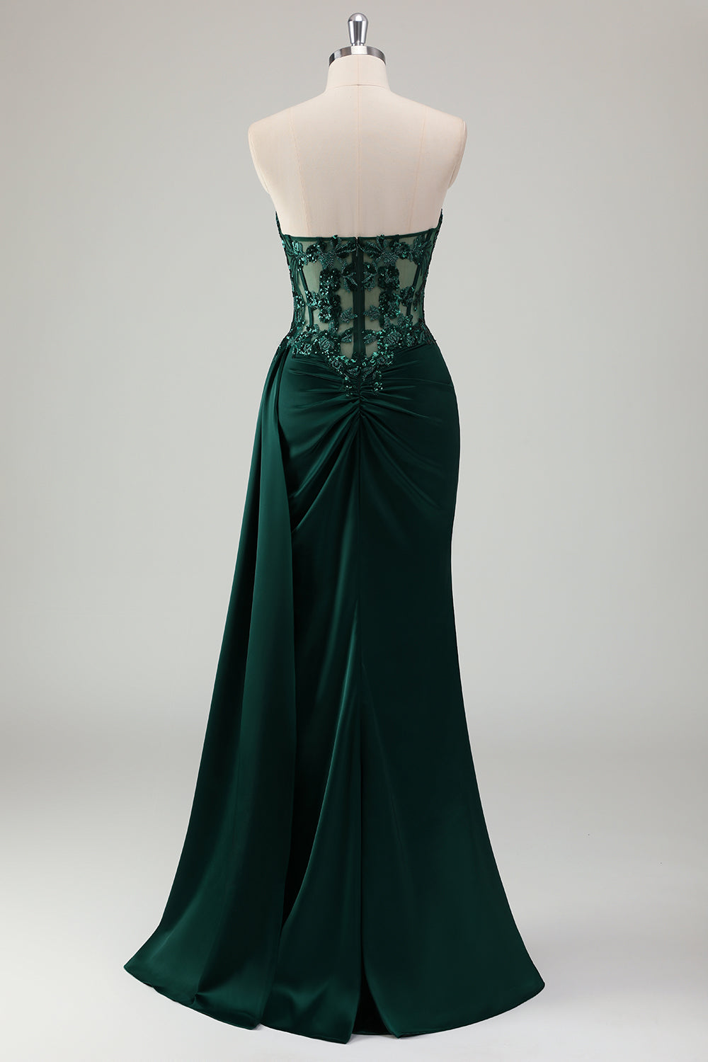 Glitter Dark Green Mermaid Strapless Pleated Corset Long Prom Dress with Slit