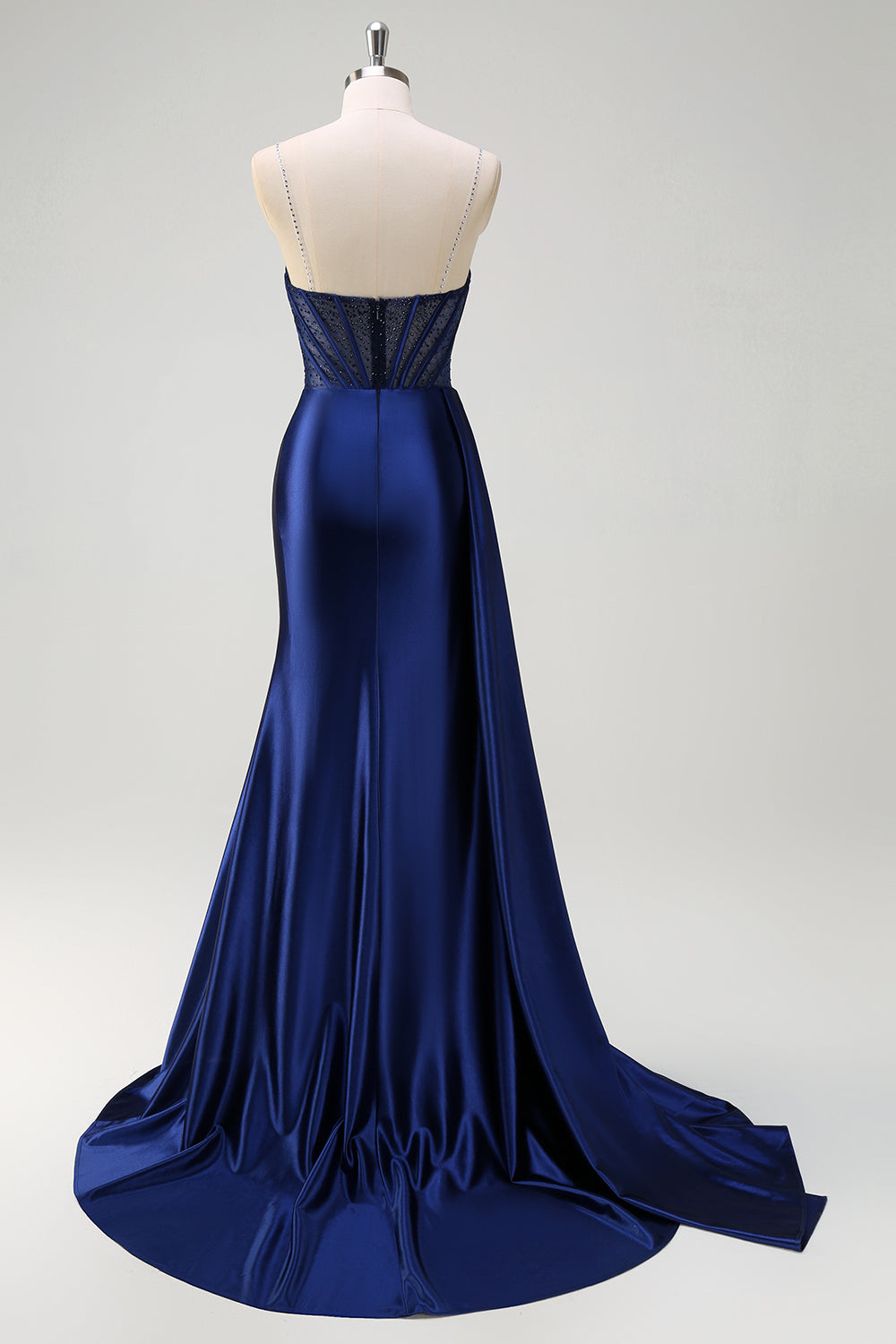 Navy Mermaid V-Neck Watteau Train Corset Beaded Prom Dress with Slit