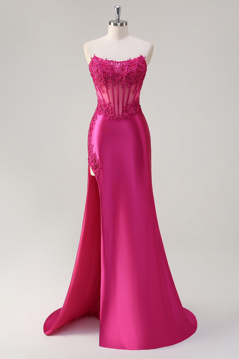 Sparkly Fuchsia Mermaid Strapless Sheer Corset Appliques Long Prom Dress with Slit