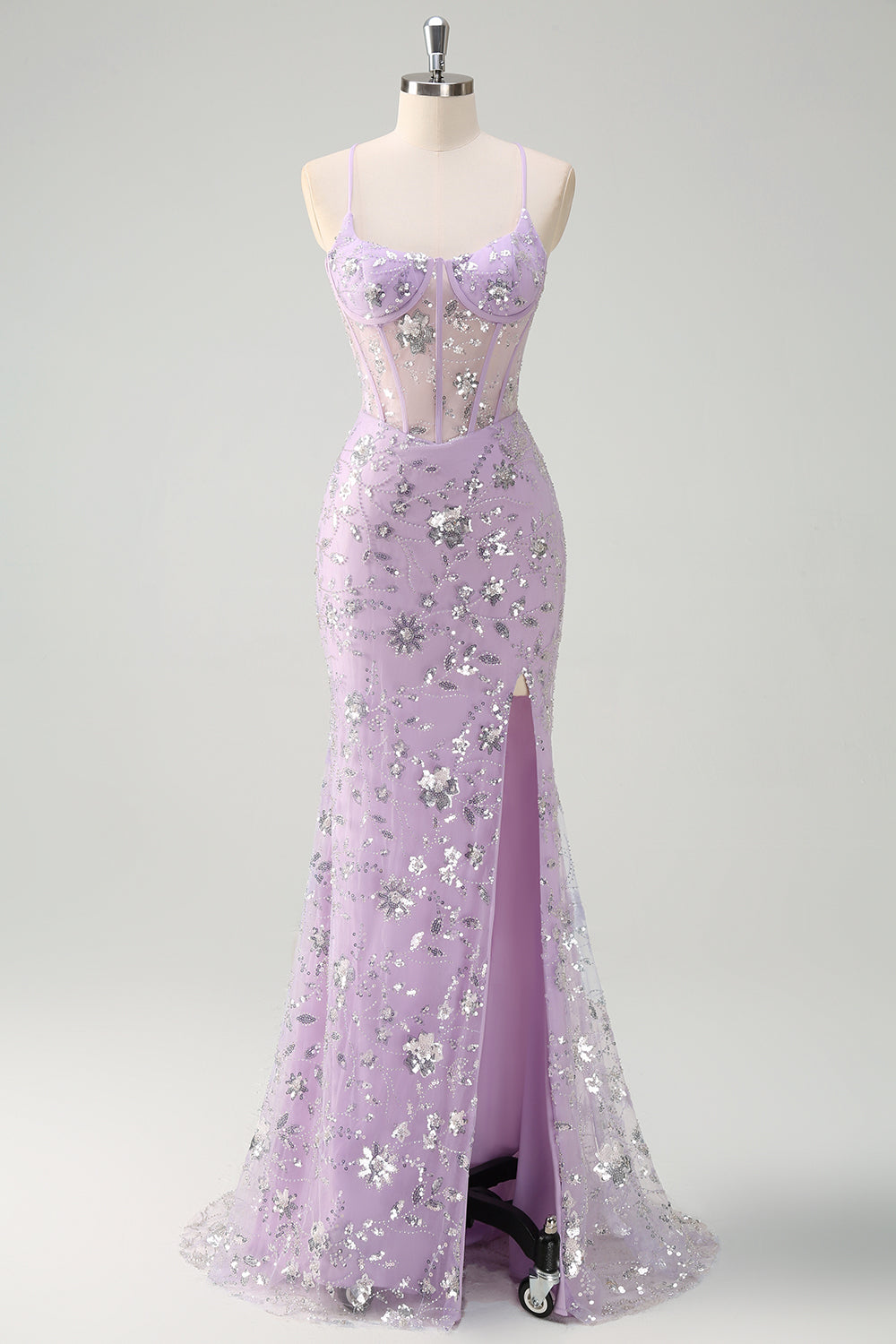 Sparkly Lilac Mermaid Spaghetti Straps Corset Sequin Prom Dress with Slit