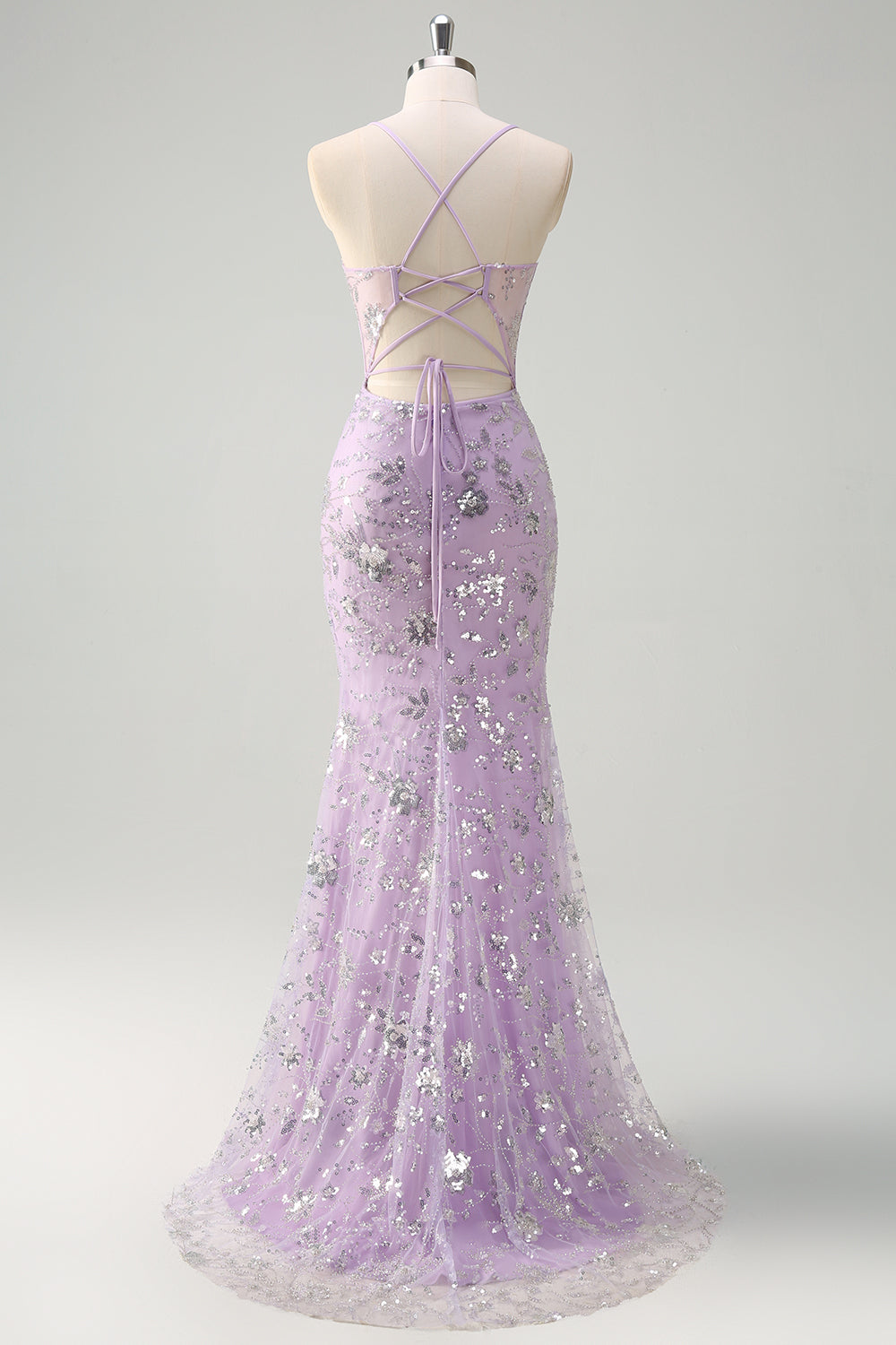 Sparkly Lilac Mermaid Spaghetti Straps Corset Sequin Prom Dress with Slit