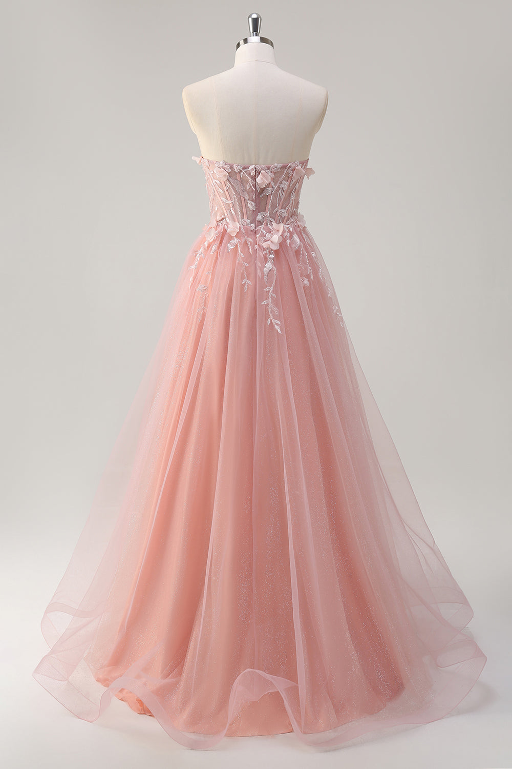 Sparkly Pink A-Line Strapless 3D Flowers Corset Tulle Long Prom Dress with Slit