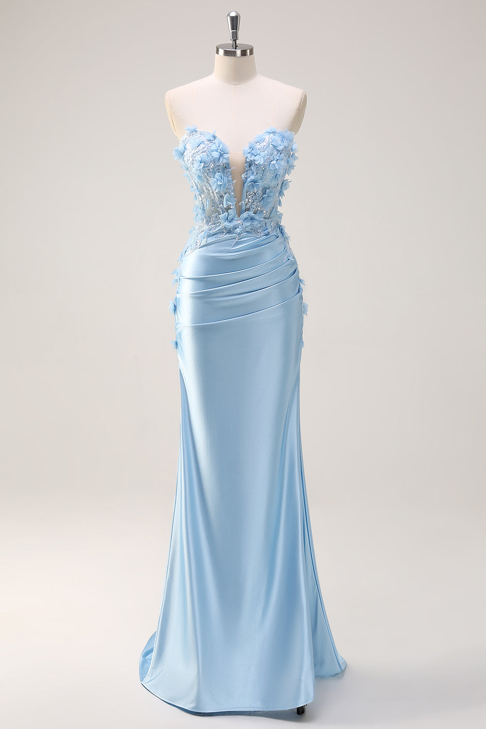 Sky Blue Mermaid Strapless Long Prom Dress with 3D Flowers