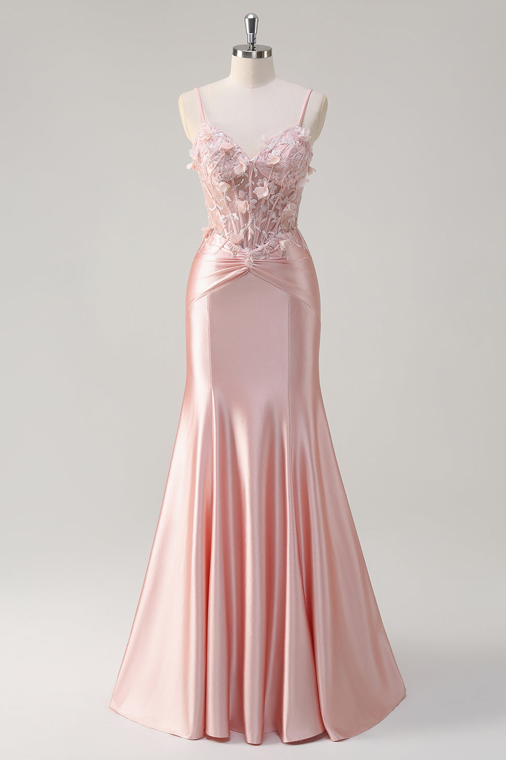 Sparkly Pink Mermaid Corset Satin Long Prom Dress with 3D Flowers