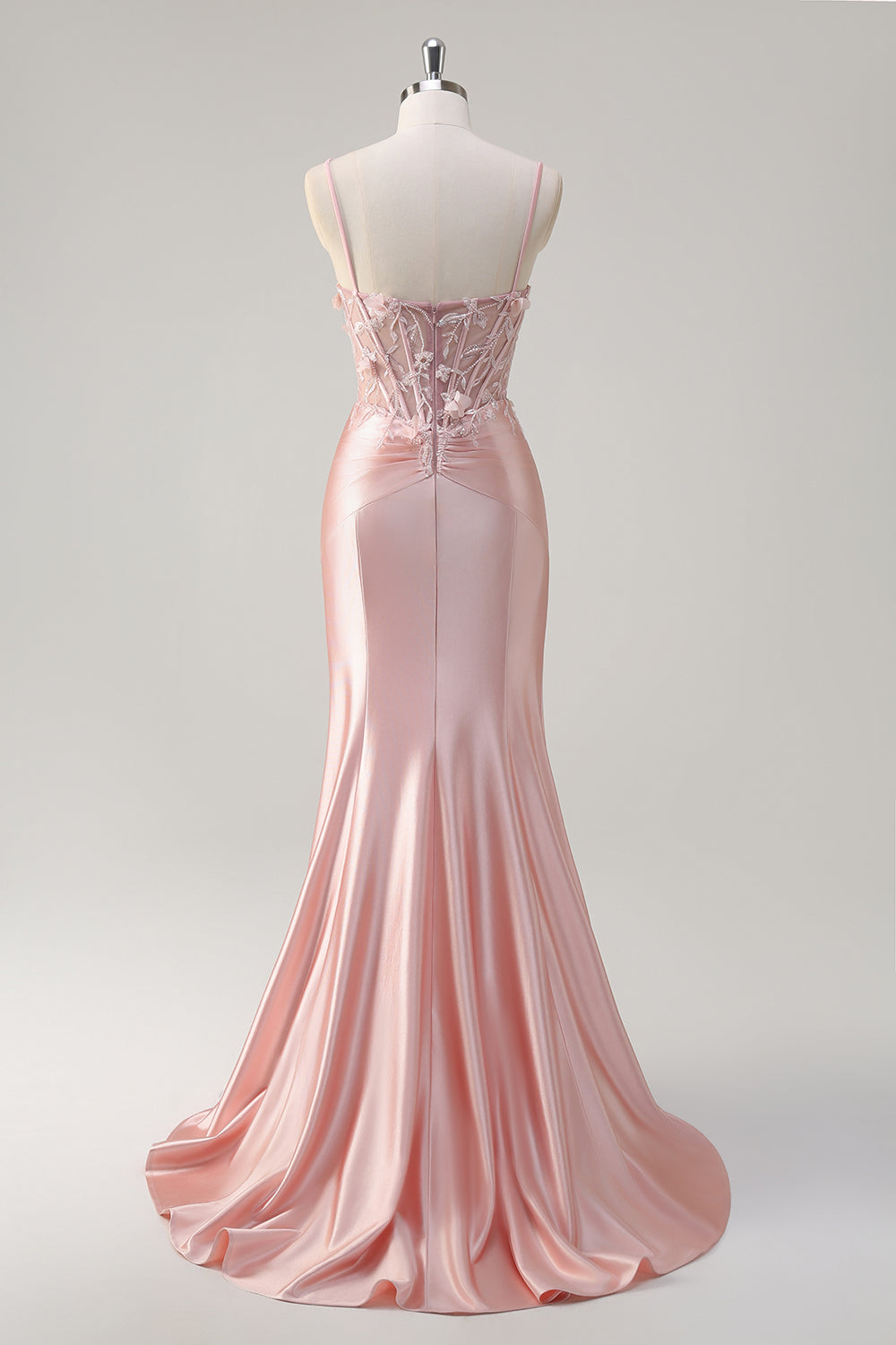 Sparkly Pink Mermaid Corset Satin Long Prom Dress with 3D Flowers