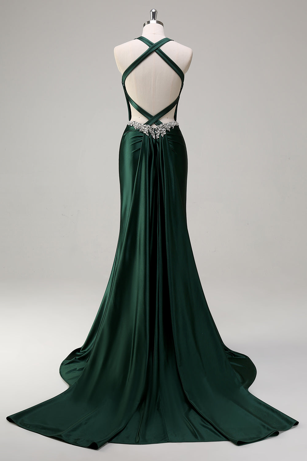 Dark Green Mermaid Criss Cross Back Long Prom Dress with Rhinestone