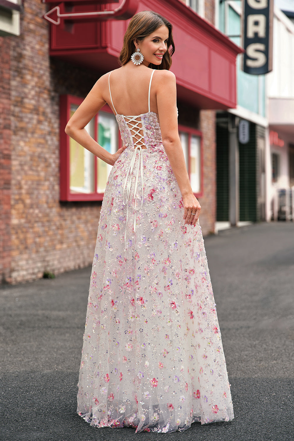 Stylish Pink A-Line Spaghetti Straps Floral Beaded Prom Dress with Lace Up Back