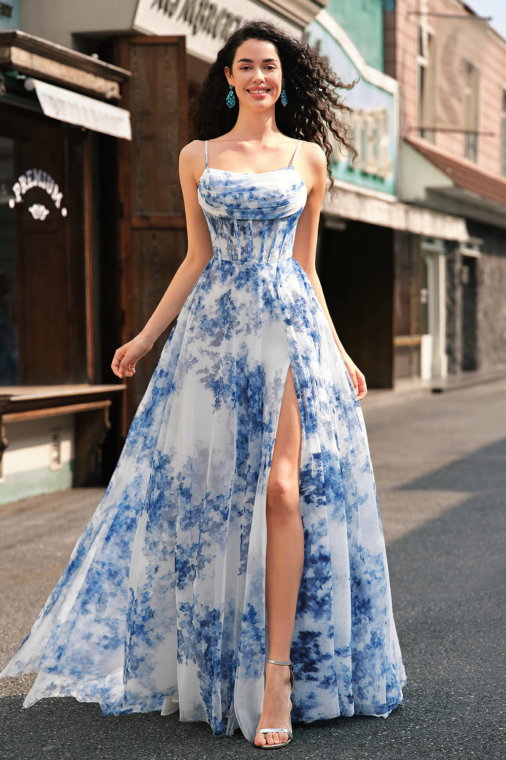 White Blue Flower A-Line Corset Spaghetti Straps Ruched Long Prom Dress With Slit