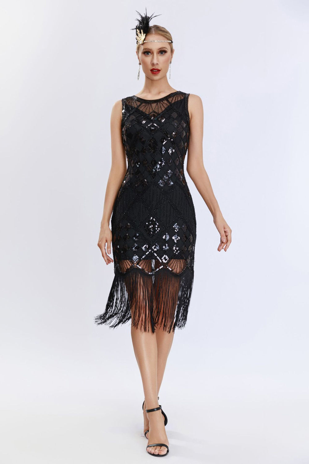 Black Sleeveless Bodycon Sequined Fringed Gatsby Dress