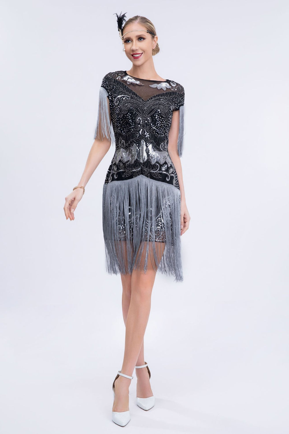 Grey Short Sleeves Sequins Fringed Flapper Gatsby Dress