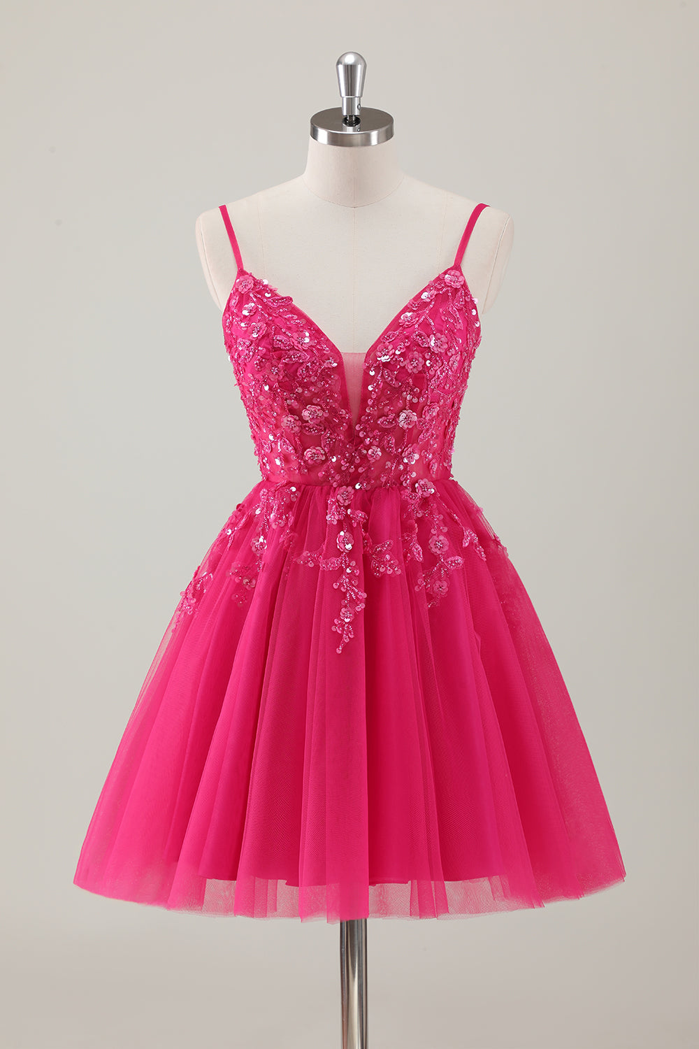 Fuchsia A Line V Neck Spaghetti Straps Sequins Homecoming Dress with Appliques