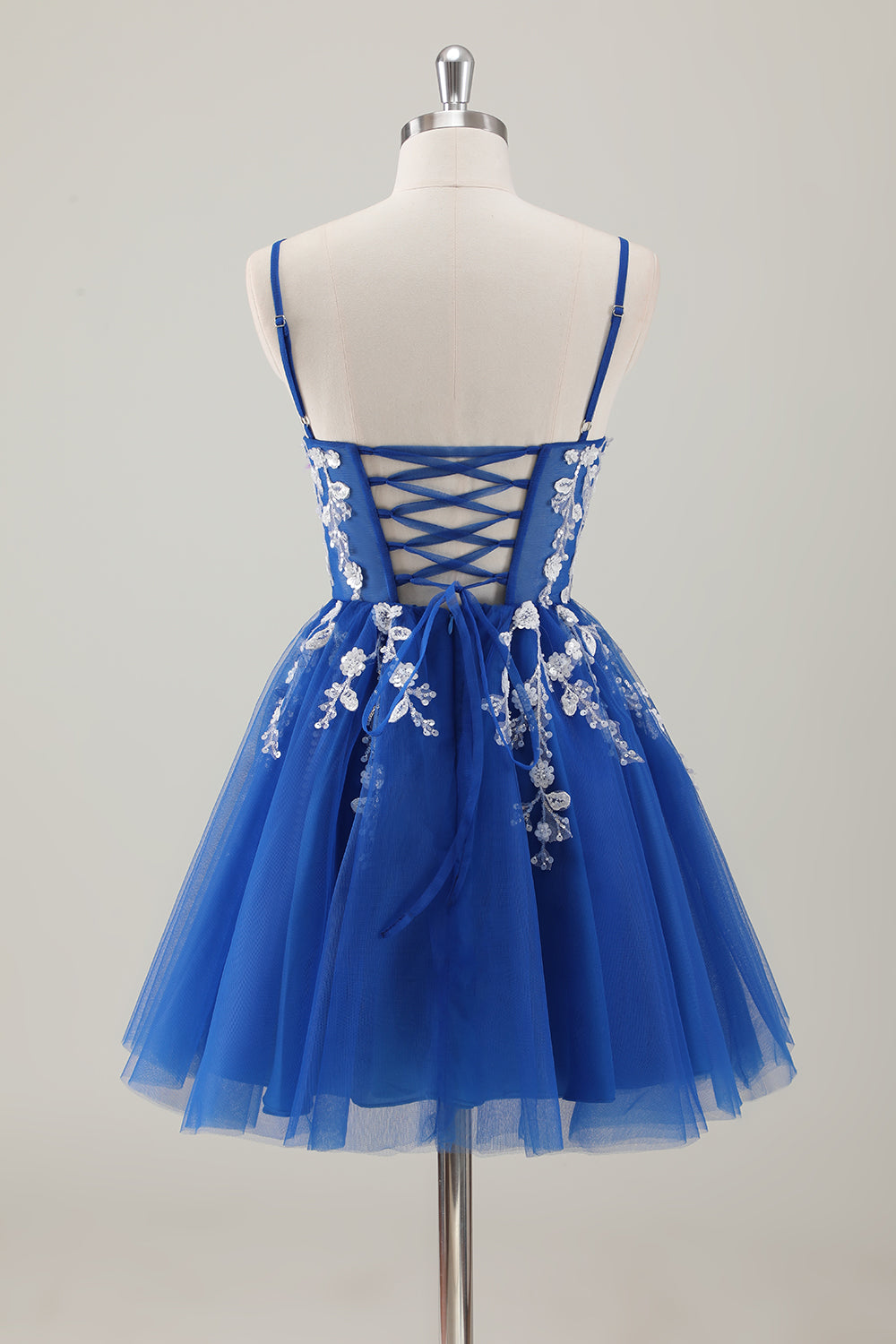 Royal Blue A Line V Neck Spaghetti Straps Sequins Homecoming Dress with Appliques