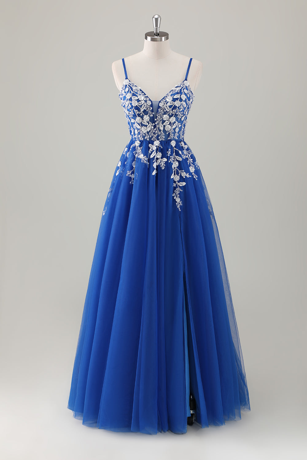 Royal Blue A Line Spaghetti Straps Sequins Applique Long Prom Dress With Slit