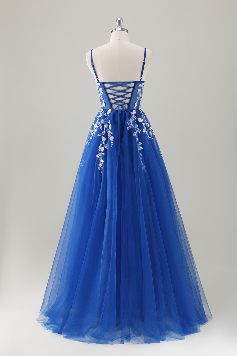 Royal Blue A Line Spaghetti Straps Sequins Applique Long Prom Dress With Slit