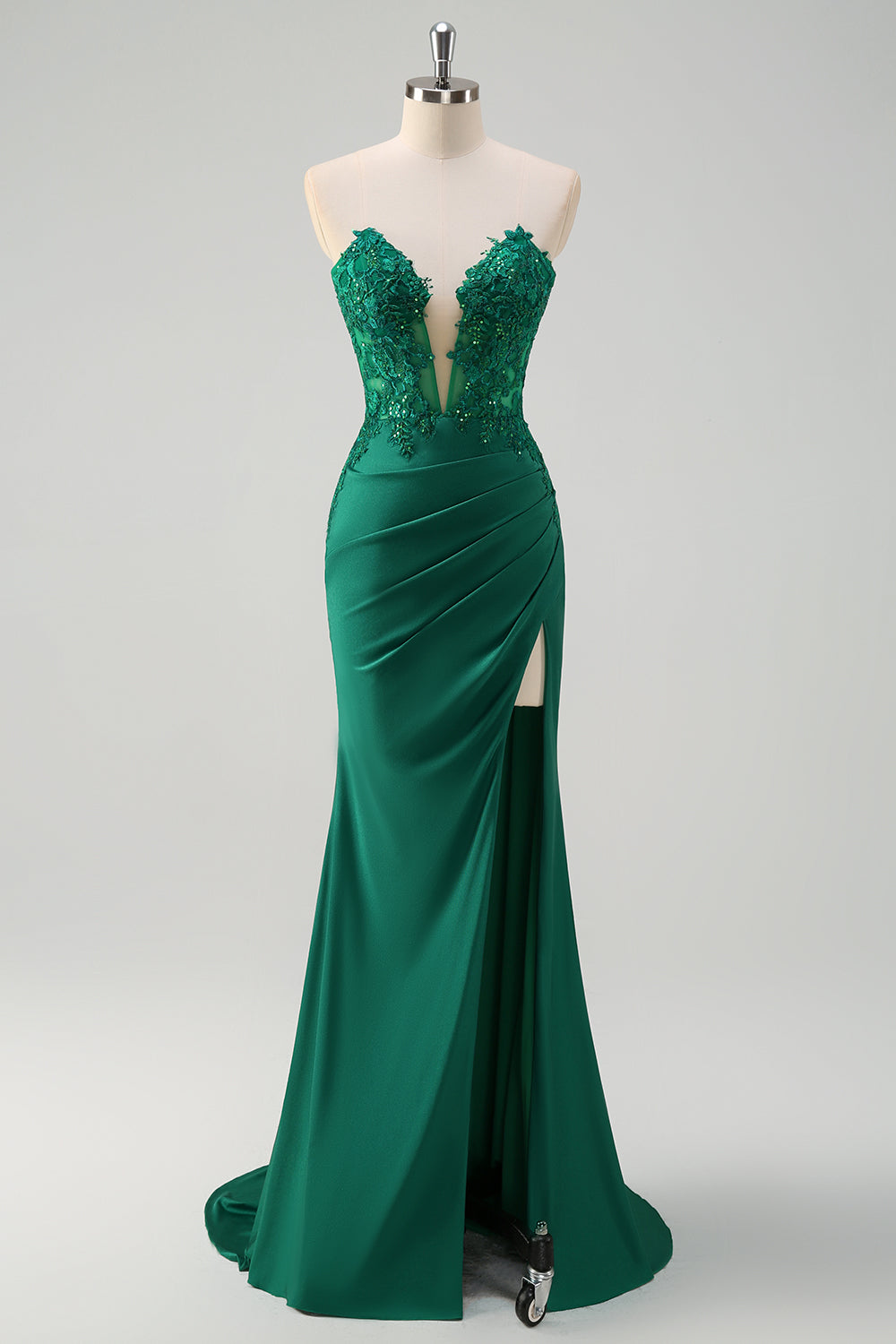 Green Strapless Mermaid Corset Pleated Long Prom Dress with Slit