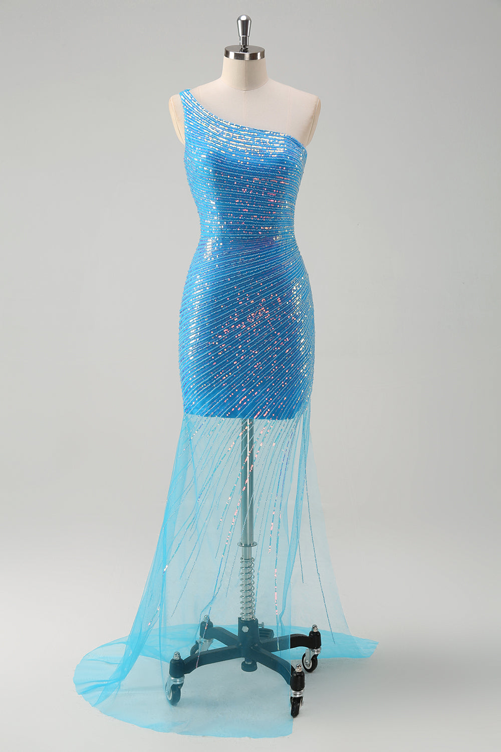 Sparkly Blue Tight One Shoulder Prom Dress With Sequins